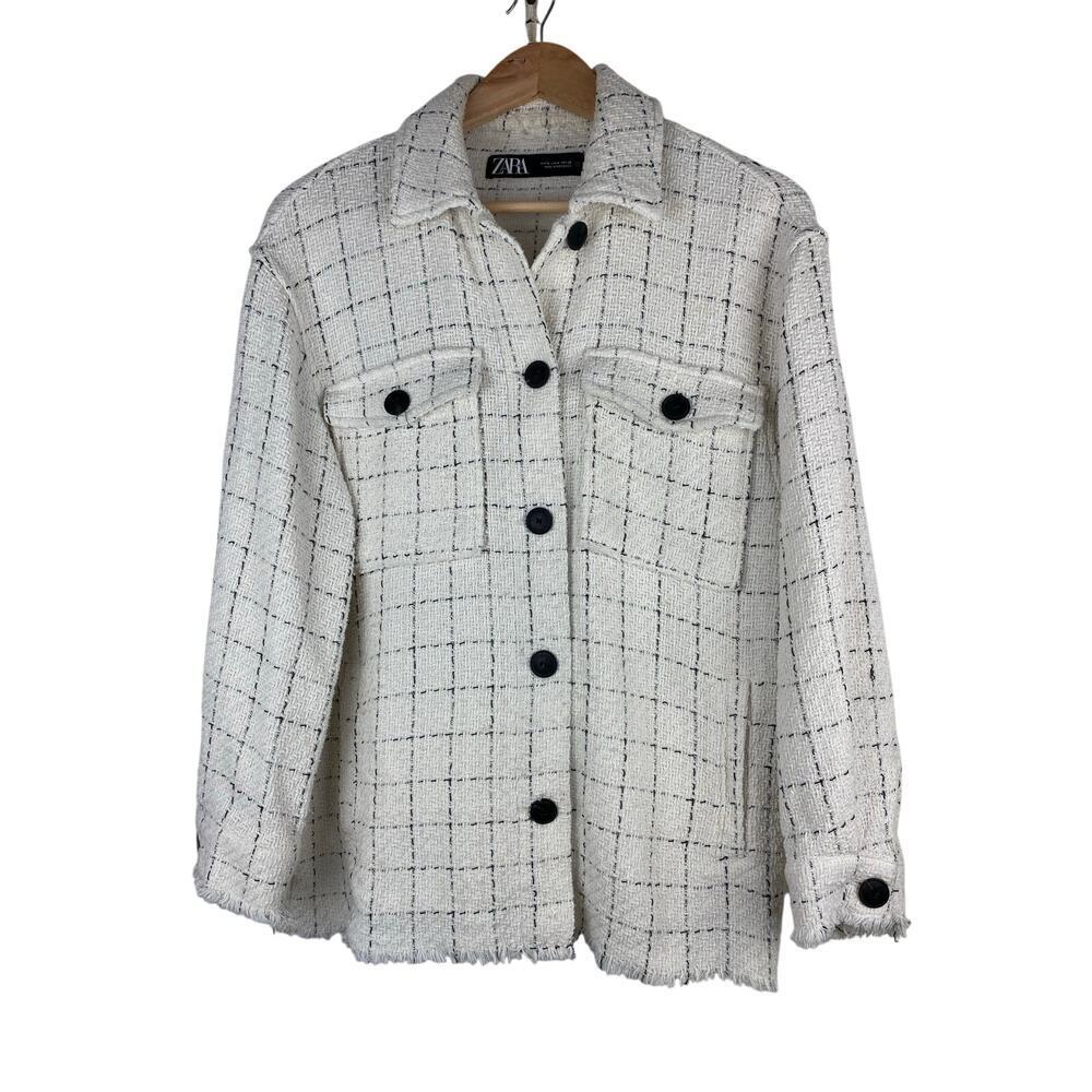 Zara‎ Women's S Cream Black Woven Raw Hem Button Up Shacket *